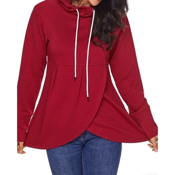 Pullover Hoodie Long Sleeves Casual Asymmetric Hem Top Women’s Sz M , Deep Red - Picture 6 of 12